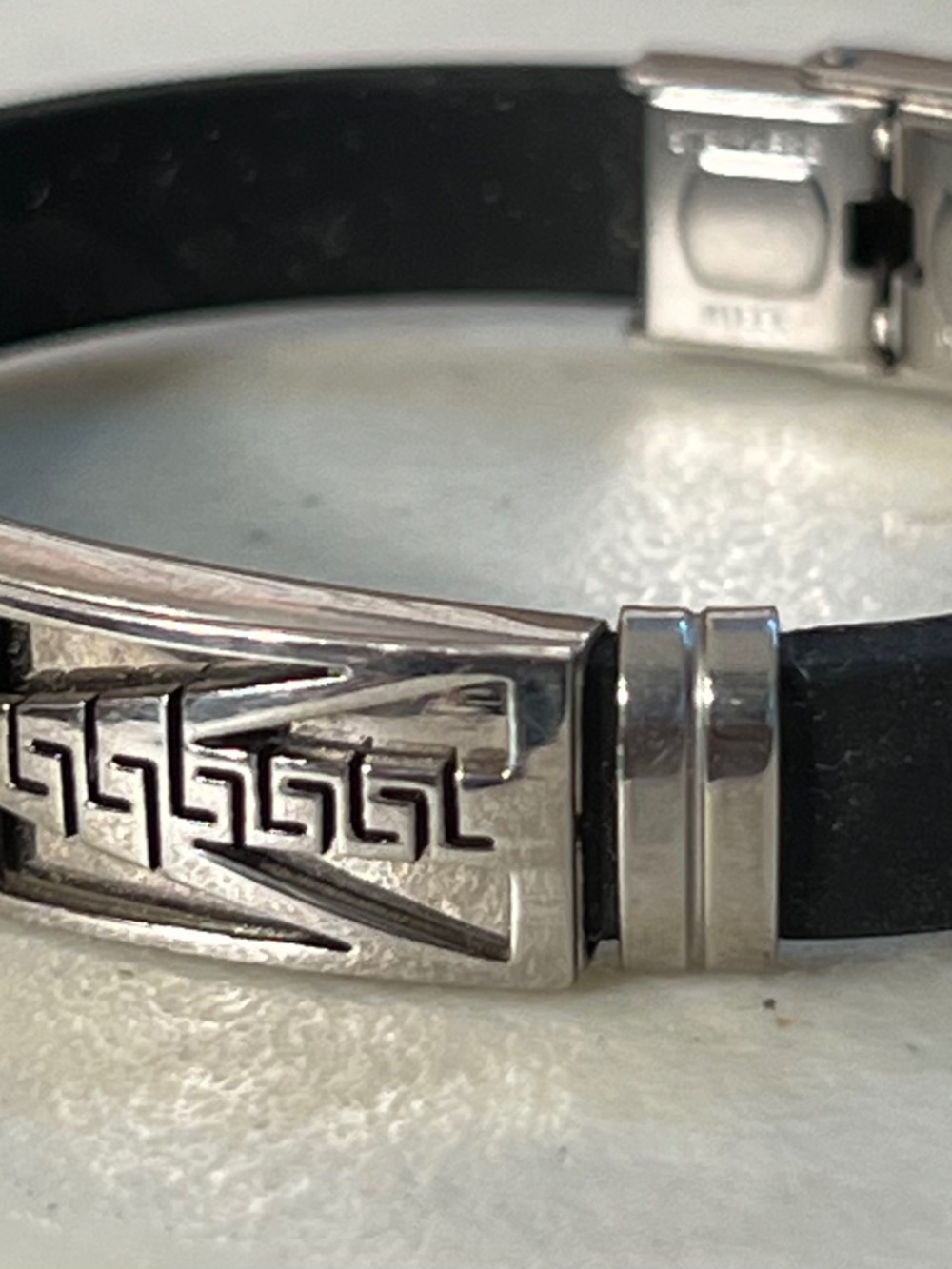 Men's Stainless Steel Greek Key Black Rubber Silhouette Bracelet Accent Band